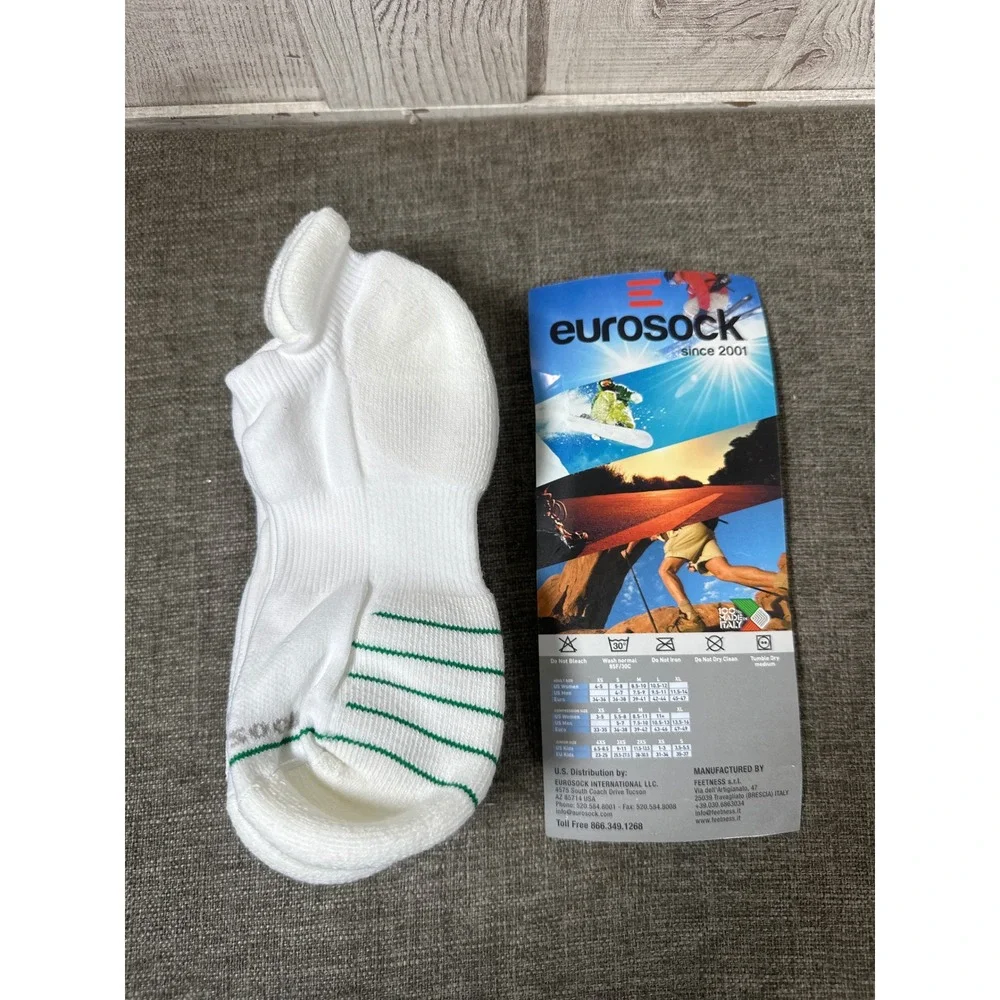 Eurosock Ace Silver No Show Tab Compression Socks 3PK White Green Stripe Size M
